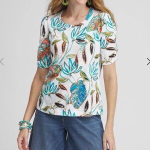 Chico’s Women’s Floral Gathered Elbow Sleeve Tee XL